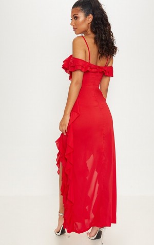 Pretty Little Thing Cold Shoulder Ruffle Detail Maxi Klänning Röda | 83ELSWJCF