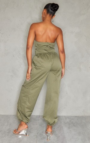 Pretty Little Thing Contrast Panel V Bar Cargo Jumpsuit Khaki | 06CQXFRIH