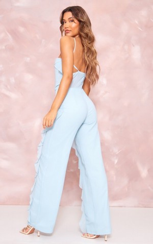 Pretty Little Thing Dusty Sheer Chiffon Rem Detail Frill Jumpsuit Blå | 89XNTACWJ