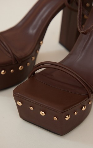 Pretty Little Thing PU Square Toed Studded Trim Platform Höga Klackar Bruna | 46YGFPUTW