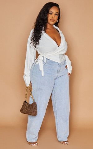 Pretty Little Thing Plus Wrap Front Long Sleeve Skjorta Vita | 42MJFTNCO
