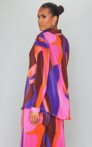 Pretty Little Thing Print Plisse Button Front Oversized Skjorta Rosa | 48WUPYAXN