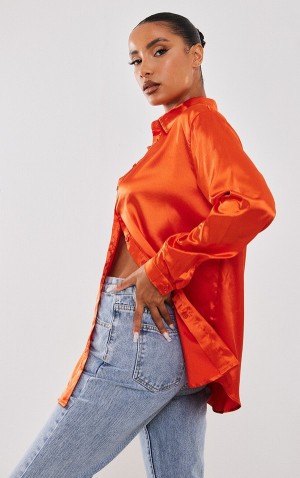 Pretty Little Thing Satin Button Front Skjorta Orange | 96SLZCOTV