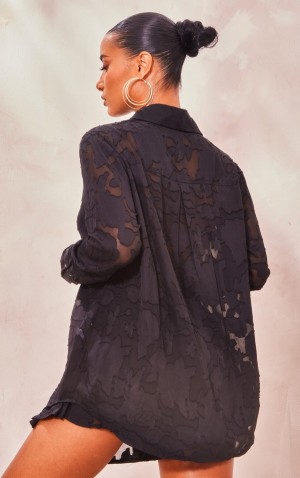 Pretty Little Thing Sheer Floral TextuLong Sleeve Oversized Skjorta Svarta | 72UIOVZAG