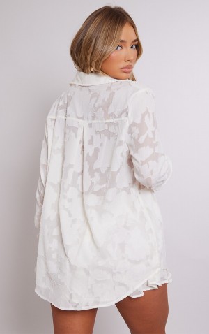 Pretty Little Thing Sheer Floral TextuLong Sleeve Oversized Skjorta Grädde | 10YKJRCOQ