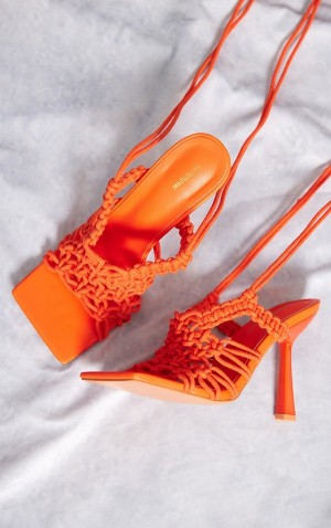 Pretty Little Thing Square Tå Woven Spets Up Höga Klackar Orange | 48JASGOMP